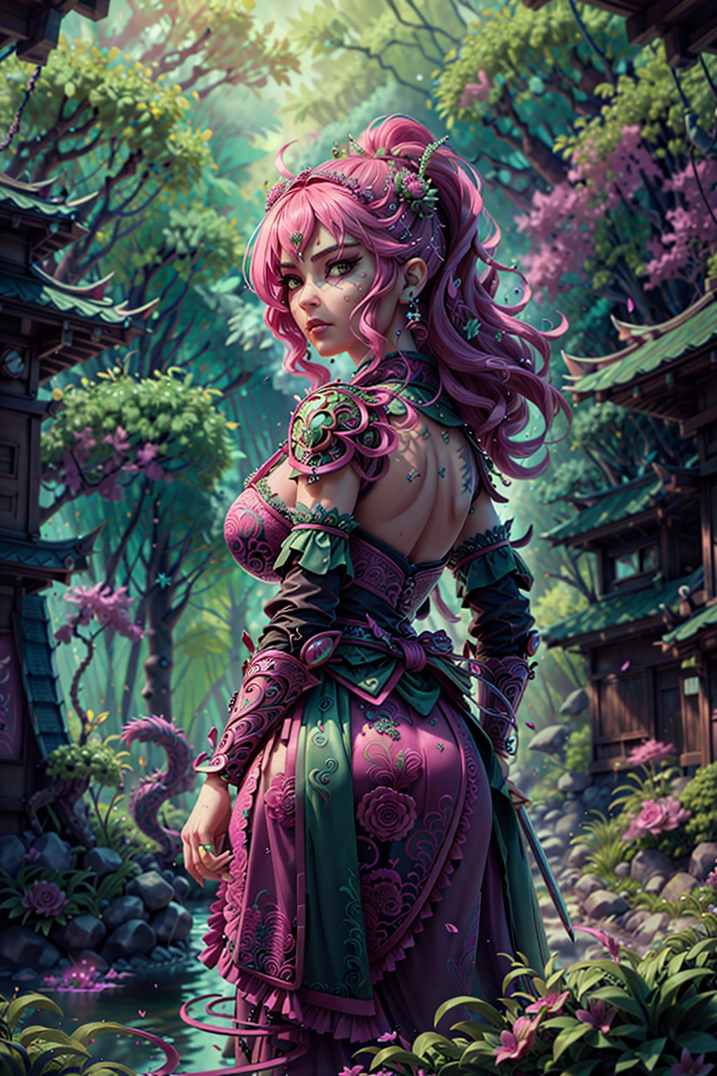 (Masterpiece,high definition, best quality, superior quality, intricate details, beautiful aesthetic:1.2),high quality, 8k, raw, ultra details, extremely detailed and beautiful,A fierce samurai warrior maiden wields a glowing pink katana as she battles an ancient green dragon amidst a magical misty bamboo forest, ribbons and leaves swirling around her. Dynamic action pose, flowing pink and green fabrics, neon lighting, intricate armor details. Japanese fantasy landscape. 8K, masterpiece,Girl Facing Dragon,Back to camera,Lens hyperopia mecha musume,mechanical parts