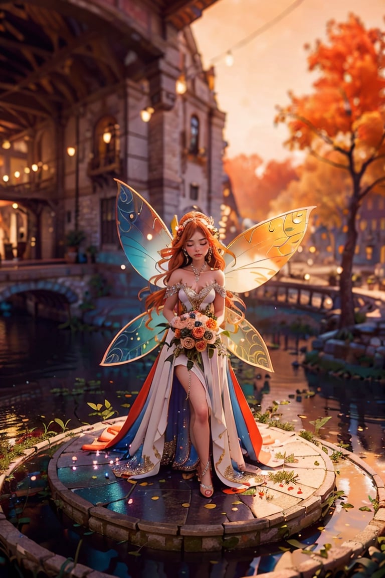 (((Fairy))),Story, bride posing under a fairy tale, elaborate scene style, glitter, orange, realistic style, 8k,exposure blend, medium shot, bokeh, (hdr:1.4), high contrast, (cinematic, orange and white film), (muted colors, dim colors, soothing tones:1.3), low saturation, (hyperdetailed:1.2), (noir:0.4)