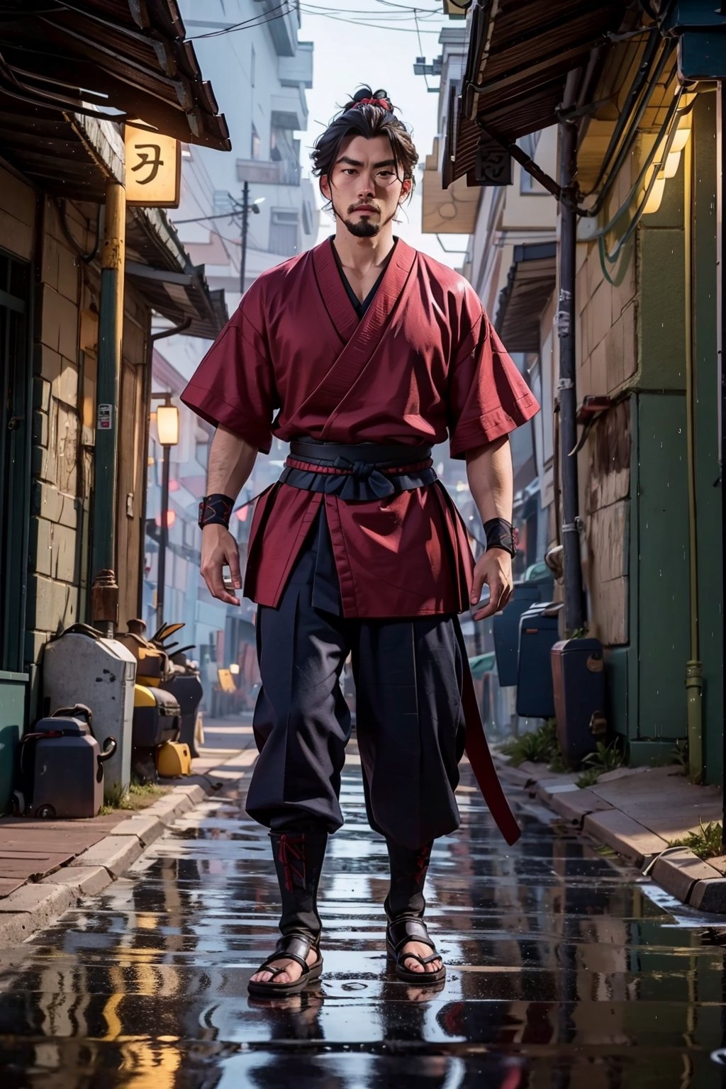 A mix between a modern soldier and a samurai in a rainy alley