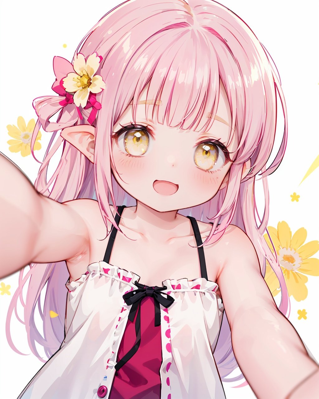 1girl, solo,looking at viewer,collarbone, blush,bare arms, bare shoulders, reaching out,close range, 

pink hair, yellow eyes, hair cover one eye, pointy ears, long hair, hair flower, Lateral hair,

bare shoulders,blush,light smile,open mouth, winking, standing,upper body,white background, 