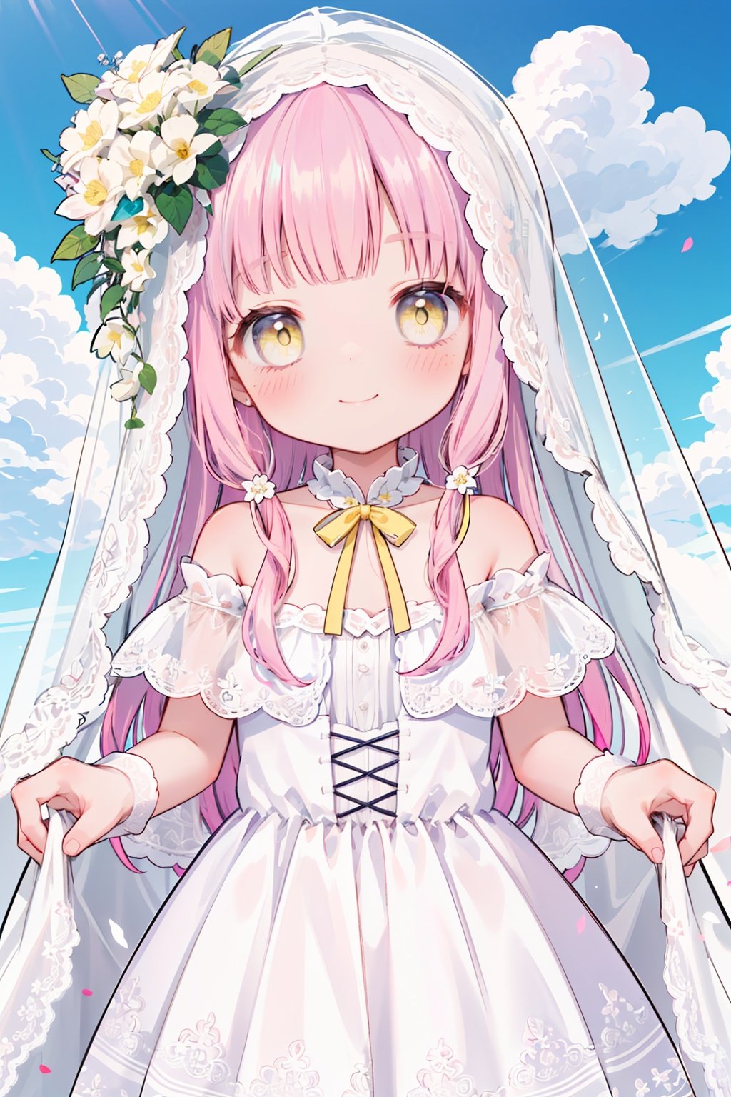 1girl,
pink hair, yellow eyes, hair cover one eye, pointy ears, long hair, hair flower, Lateral hair,
blush,
veil, wedding,lace,revealing dress,robe, sheer capelet, off shoulder,
upper body,sky,cloud,vanishing point,
eyes closed,smile