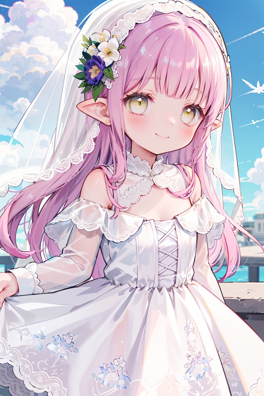 1girl,
pink hair, yellow eyes, hair cover one eye, pointy ears, long hair, hair flower, Lateral hair,
blush,
veil, wedding,lace,revealing dress,robe, sheer capelet, off shoulder,
upper body,sky,cloud,vanishing point,
eyes closed,smile