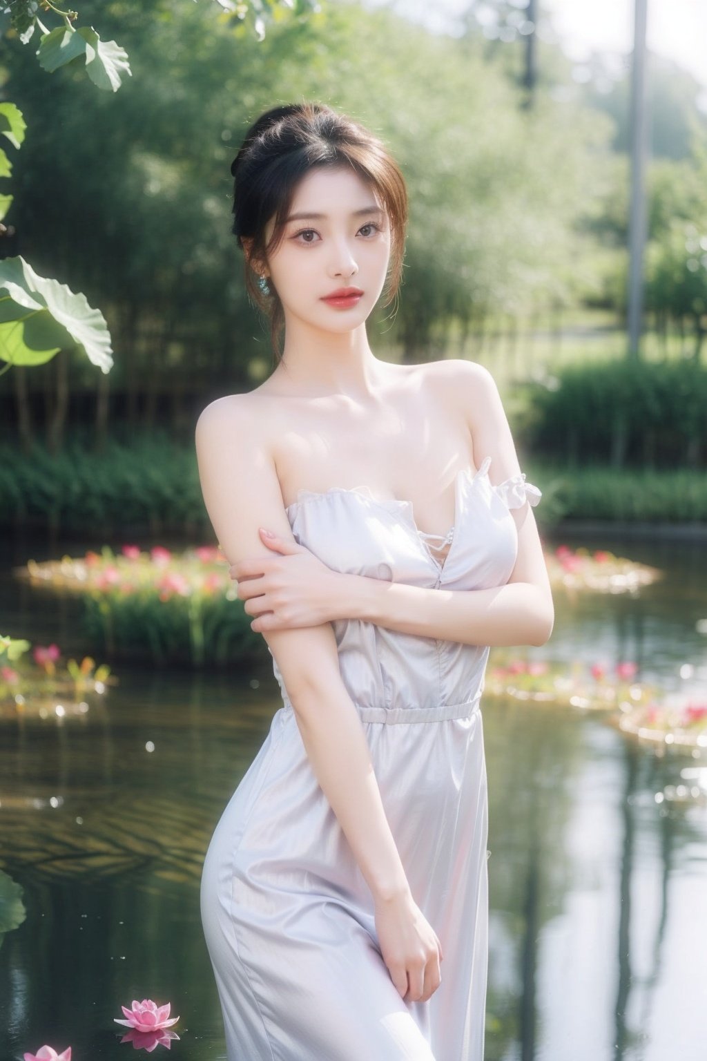 1girl,light rays,masterpiece, best quality,Maho Nanami, 1girl,solo,bangs,  dynamic pose, mature female, highly detail,lips, Photographic style, soft focus, volume lighting,bloom effect,(best quality),(world masterpiece),(illustration),
(detailed beautiful lotus pond with petal:1.1),flower,butterfly,flower,butterfly, Long hair reaching the waist, big breast, slip dress, single ponytail hairstyle