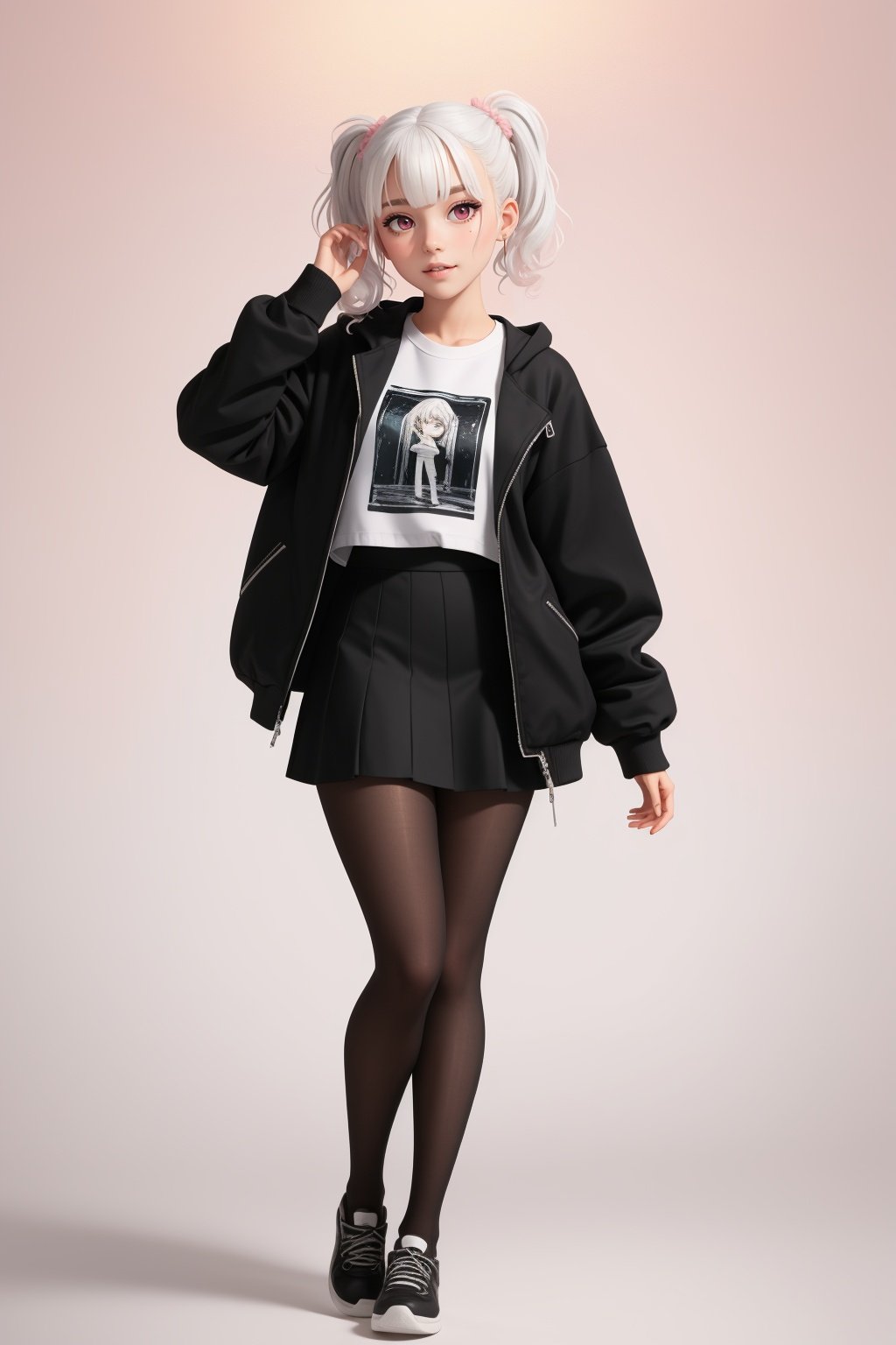 pink eyes, black tights, white hair, wide white sweatshirt, white skin, full body, 18 year slim old girl, wavy bob hairstyle with pigtails, good hands, good body,nanakusa nazuna, full body, skirt,good legs,drip jacket,sexy pose,good thighs, thick legs, pink background, good lighting, skinny girl, (masterpiece,best quality:1.5)
