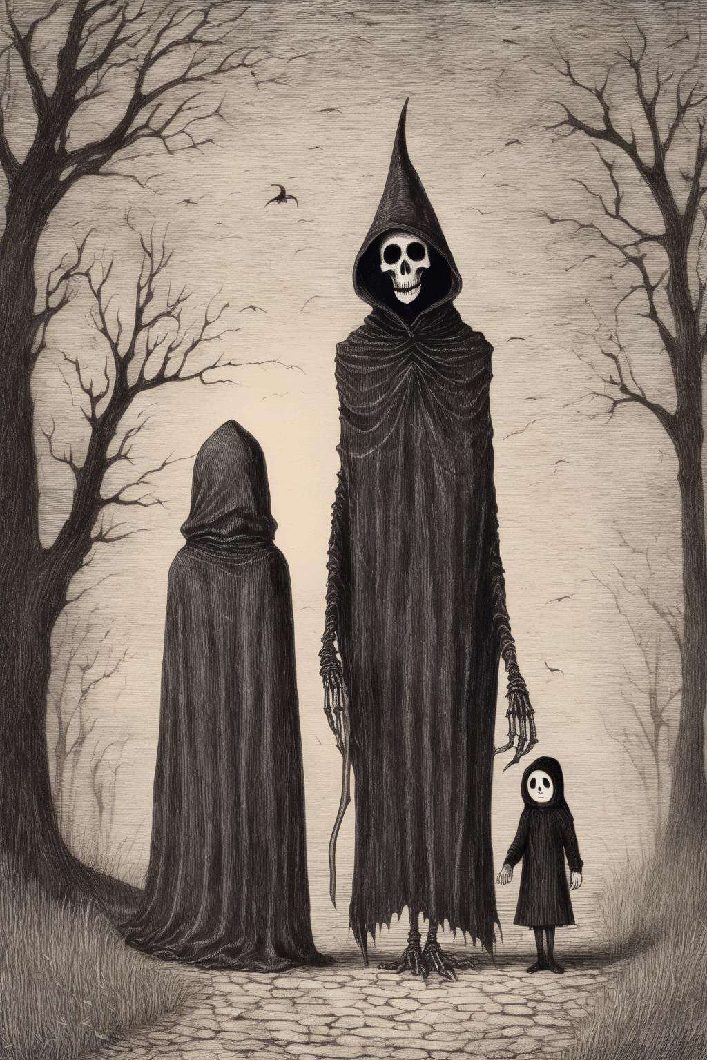 <lora:Edward Gorey Style:1>Edward Gorey Style - EdwardGorey The Grim Reaper and the Little Girl.8K