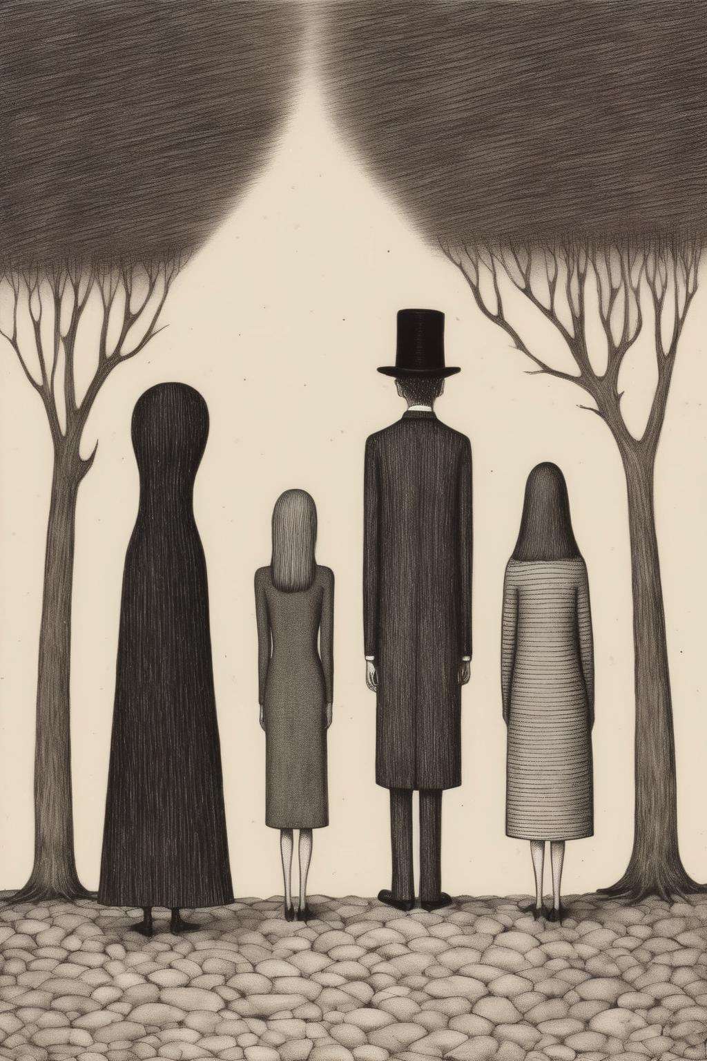 <lora:Edward Gorey Style:1>Edward Gorey Style - two women and a man looking for a missing person