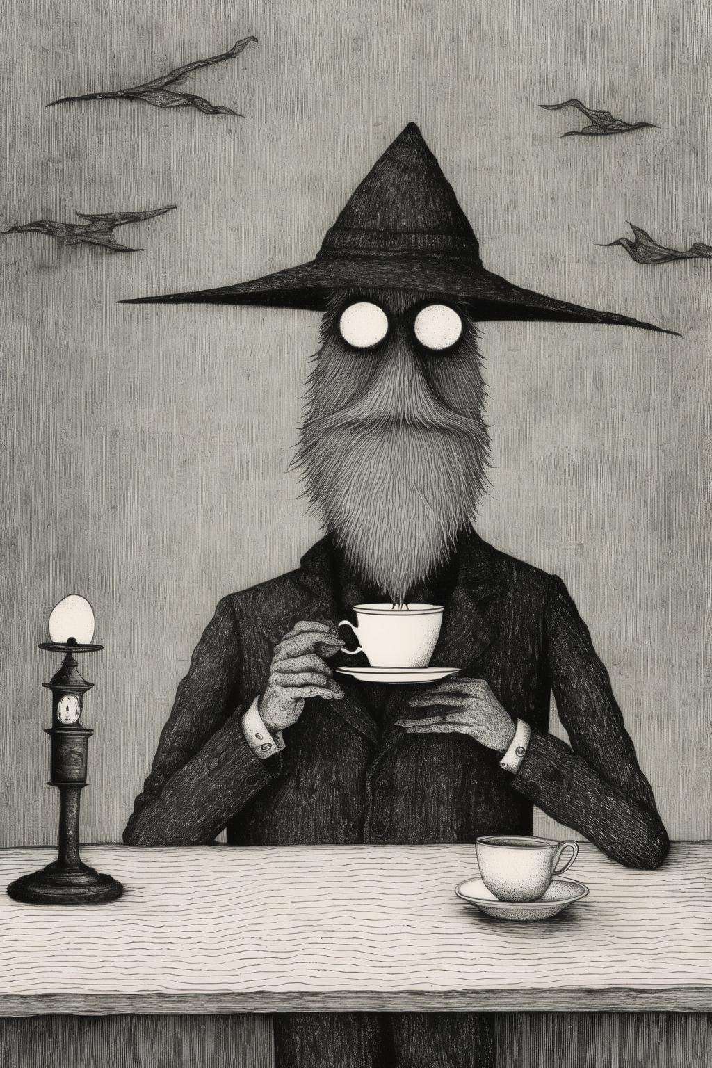 <lora:Edward Gorey Style:1>Edward Gorey Style - a suspicious looking man drinks a cup of coffee, pen and ink illustration