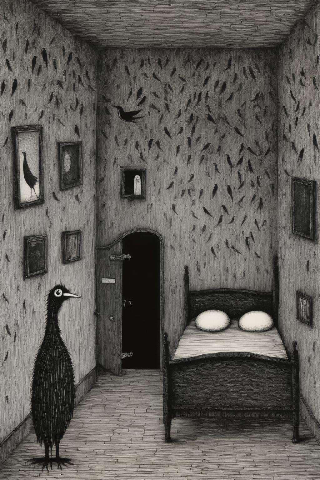 <lora:Edward Gorey Style:1>Edward Gorey Style - Embrace the eccentricity of Edward Gorey's signature style with this evocative prompt. Transport your viewers to a large, empty room, depicted from a bird's-eye perspective. The room exudes a palpable sense of desolation and mystery, with its vast expanse and ominous ambiance. In the center of this haunting space, lies a weathered, four-poster bed, where an elderly man rests in solitude. His frail figure is rendered with exquisite attention to detail, capturing every crease on his worn face and the delicate contours of his bony frame. The bed itself becomes a focal point, an island of somber respite amidst the surrounding emptiness. Standing near the bed, as if on the precipice of exhaustion, are three family members. Their features are intentionally devoid of intricate detailing, mirroring Gorey's iconic aesthetic. These weary individuals appear as silhouettes, their slumped shoulders and resigned postures reflecting the weight of their shared burden. The monochromatic palette, comprised solely of black and white, accentuates the starkness of the scene. Shadows dance across the room, casting an ethereal gloom that adds to the overall sense of foreboding. Gorey's distinct cross-hatching technique is employed to create texture and depth, enhancing the macabre atmosphere. Embrace the influence of Edward Gorey and weave a tale of introspection, familial bonds, and the enigmatic nature of existence. Let Midjourney bring to life this captivating illustration, drawing inspiration from Gorey's darkly whimsical world to captivate and engage your audience.