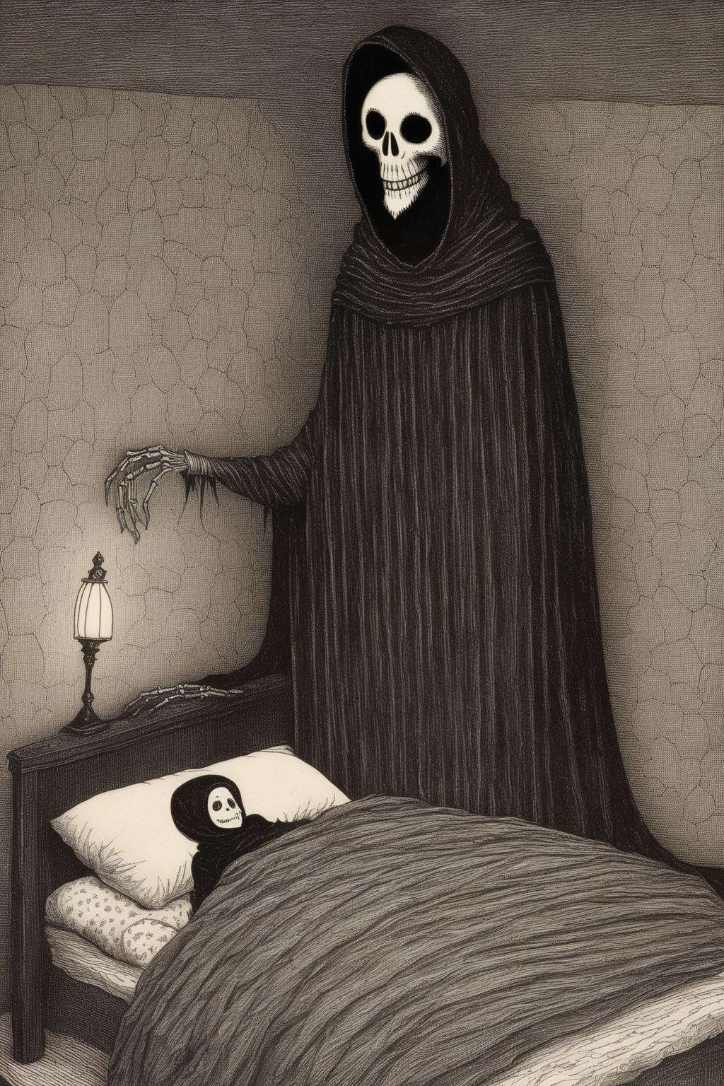 <lora:Edward Gorey Style:1>Edward Gorey Style - EdwardGorey Father asleep in bed with child and grim reaper watching over him