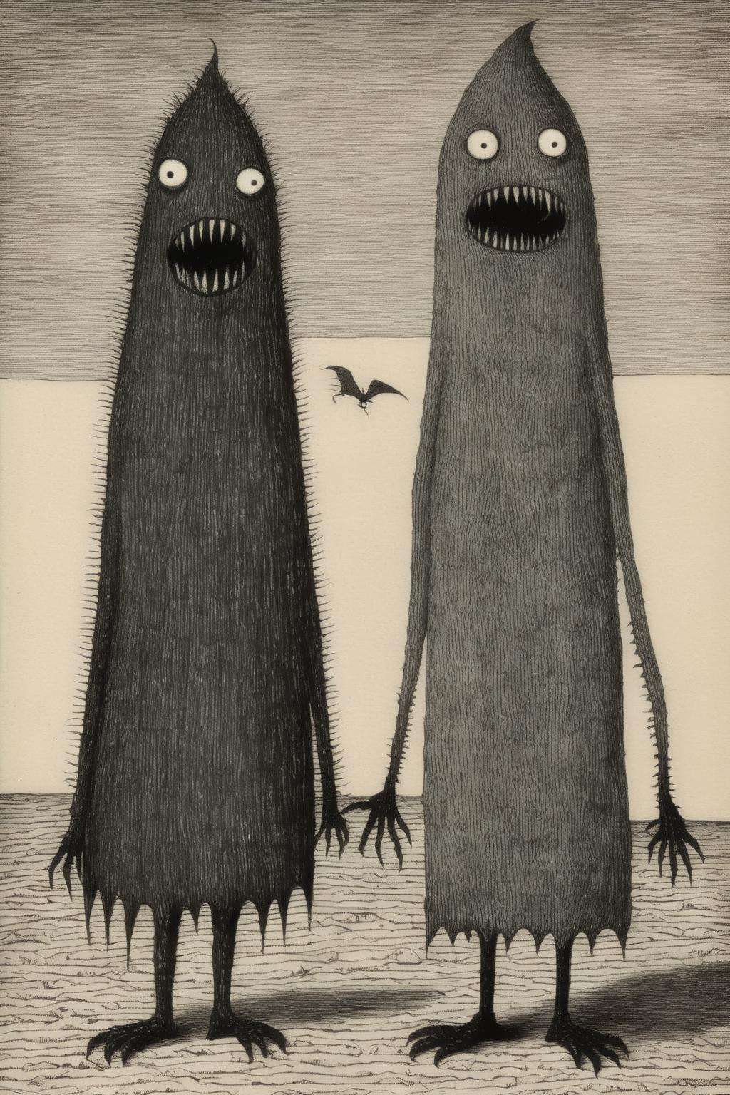 <lora:Edward Gorey Style:1>Edward Gorey Style - EdwardGorey Two monstrous, creepy, death-prone people who get along well.