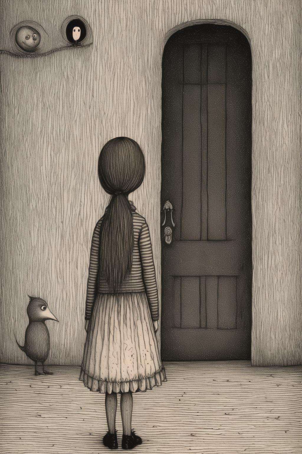 <lora:Edward Gorey Style:1>Edward Gorey Style - EdwardGorey A pretty little girl is standing there.