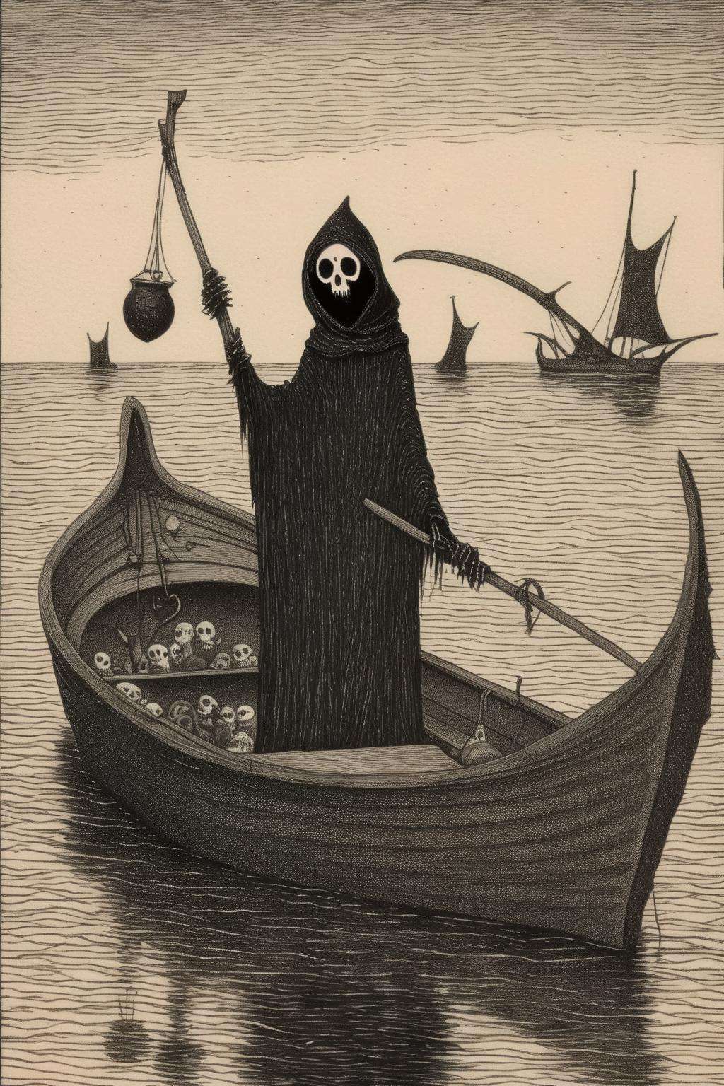 <lora:Edward Gorey Style:1>Edward Gorey Style - Edward Gorey Very creepy 8K Grim reaper fishing for hearts on a boat
