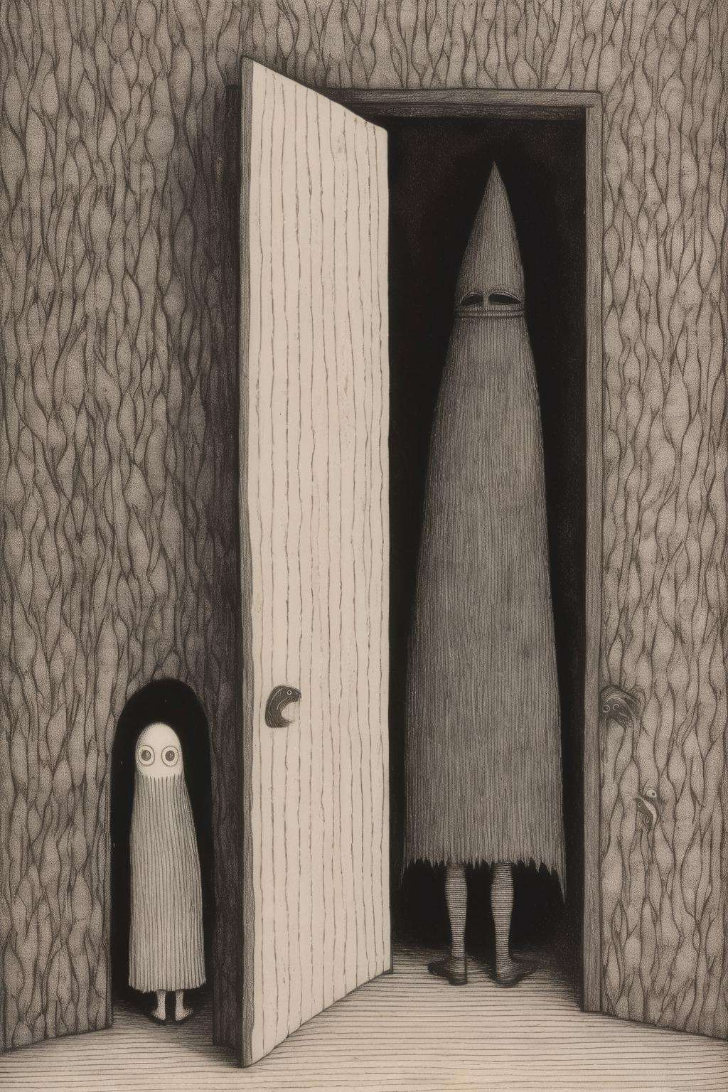 <lora:Edward Gorey Style:1>Edward Gorey Style - edawrd gorey drawing, children hiding in a closet with a villain outside