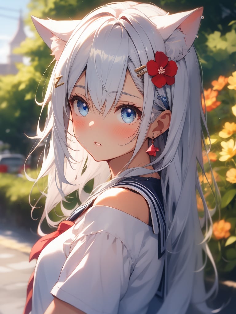 animal ears, blue eyes, hair ornament, looking at viewer, long hair, bangs, hair between eyes, off shoulder, hair flower, animal ear fluff, blush, 1girl, white shirt, bare shoulders, shirt, upper body, blurry background, multiple views, jewelry, earrings, hairclip, closed mouth, sailor collar, blue hair, blurry, flower, white hair, looking back, extra ears, cat ears, parted lips, outdoors