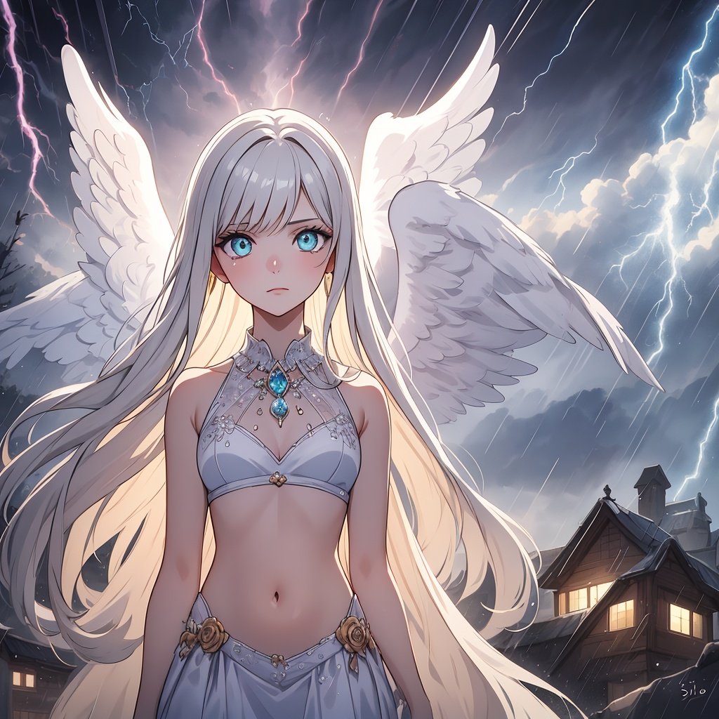 8k,intricate,elegant,highly detailed,majestic,digital photography,cowboy shot,surreal painting,broken glass,(masterpiece, sidelighting, finely detailed beautiful eyes:1.2), HDR, void3nergy lightning storm,woman,raining,beautiful,facing viewer t,masterpiece,upper body, white angel wings, exposition navel