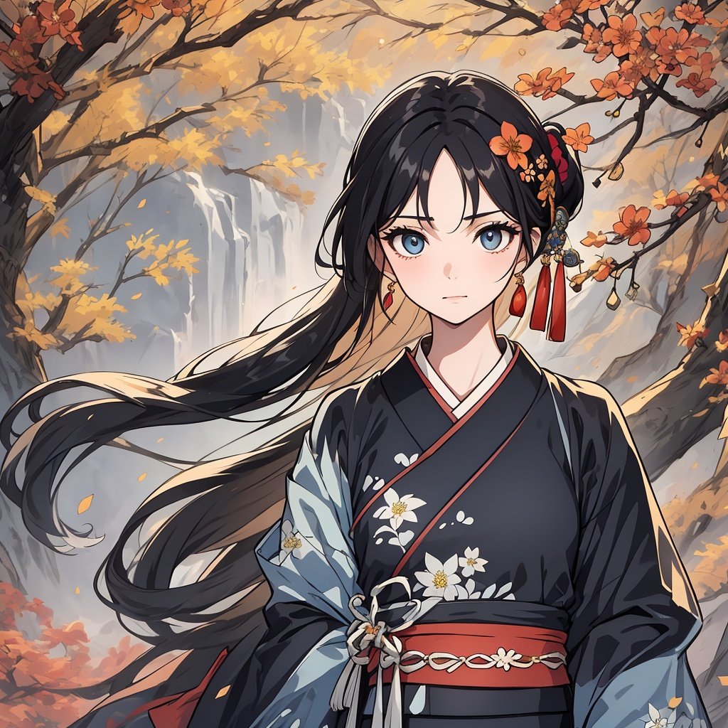 8k,intricate,elegant,highly detailed,majestic,digital photography,cowboy shot,surreal painting,broken glass,(masterpiece, sidelighting, finely detailed beautiful eyes:1.2), HDR, Black eyes,gongbihua, masterpiece, a painting, 1girl, ((upper body)), ((background is full of flowers and leafs)), pale skin, long eyelashes, (Chinese Traditional hanfu:1.3), look at viewer, face front, (hair scrunchie:1.2) 