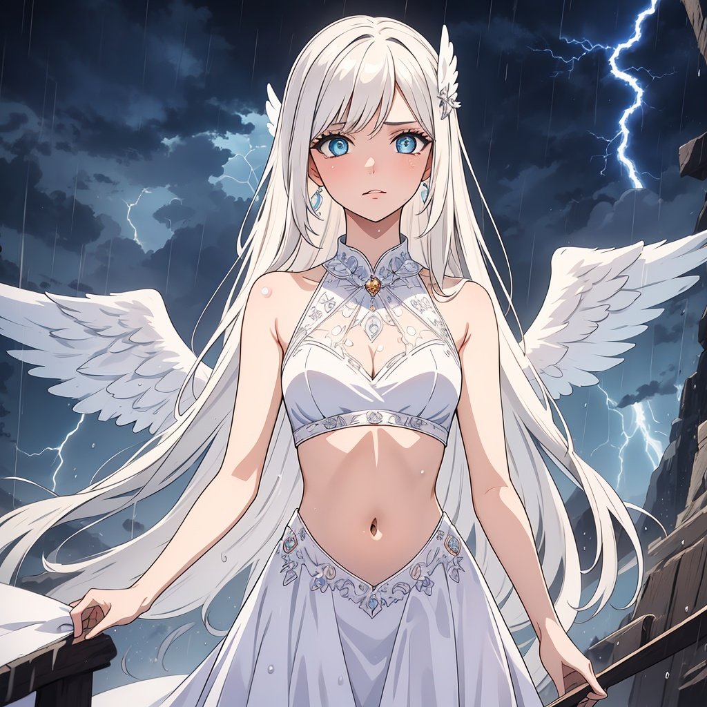 8k,intricate,elegant,highly detailed,majestic,digital photography,cowboy shot,surreal painting,broken glass,(masterpiece, sidelighting, finely detailed beautiful eyes:1.2), HDR, void3nergy lightning storm,woman,raining,beautiful,facing viewer t,masterpiece,upper body, white angel wings, exposition navel