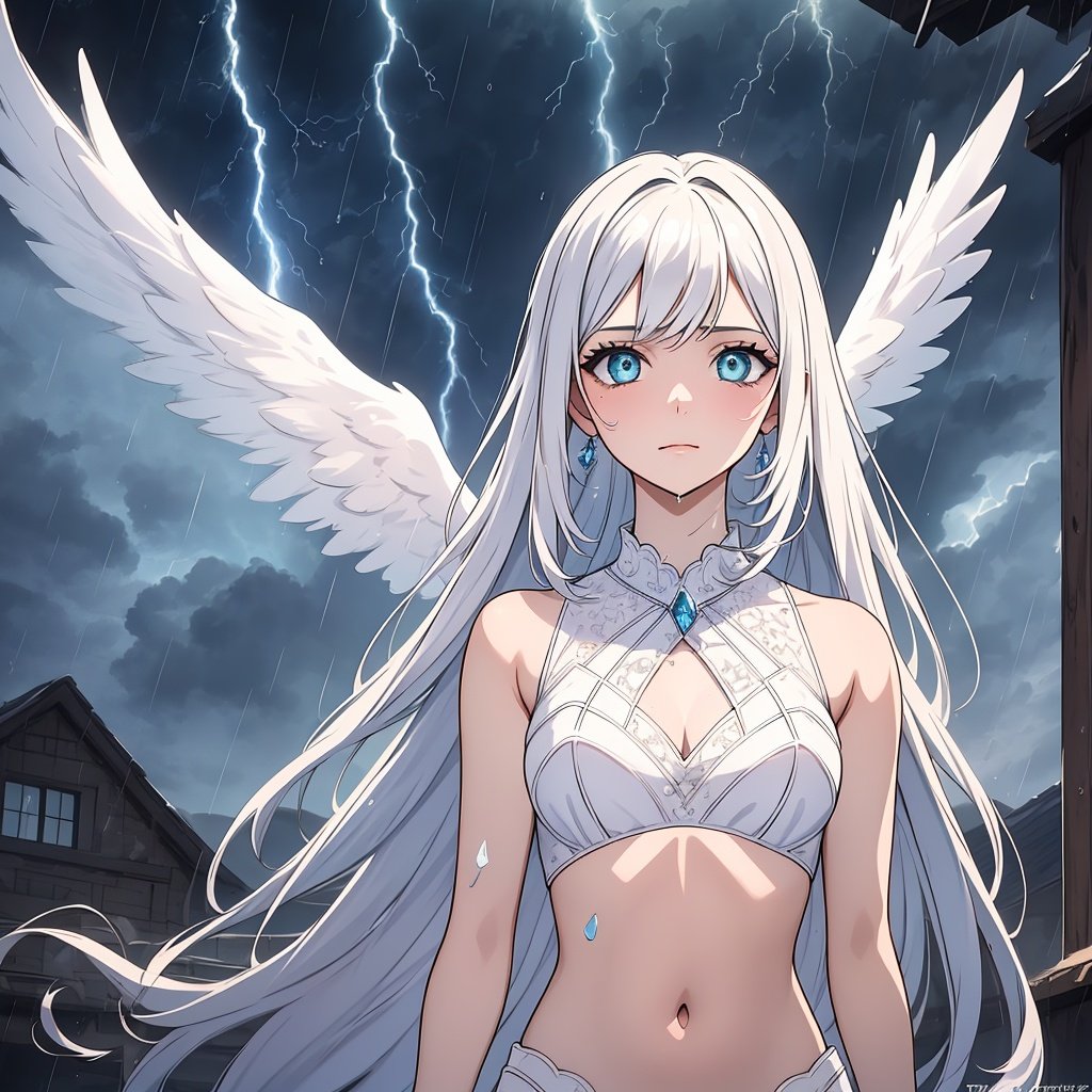 8k,intricate,elegant,highly detailed,majestic,digital photography,cowboy shot,surreal painting,broken glass,(masterpiece, sidelighting, finely detailed beautiful eyes:1.2), HDR, void3nergy lightning storm,woman,raining,beautiful,facing viewer t,masterpiece,upper body, white angel wings, exposition navel