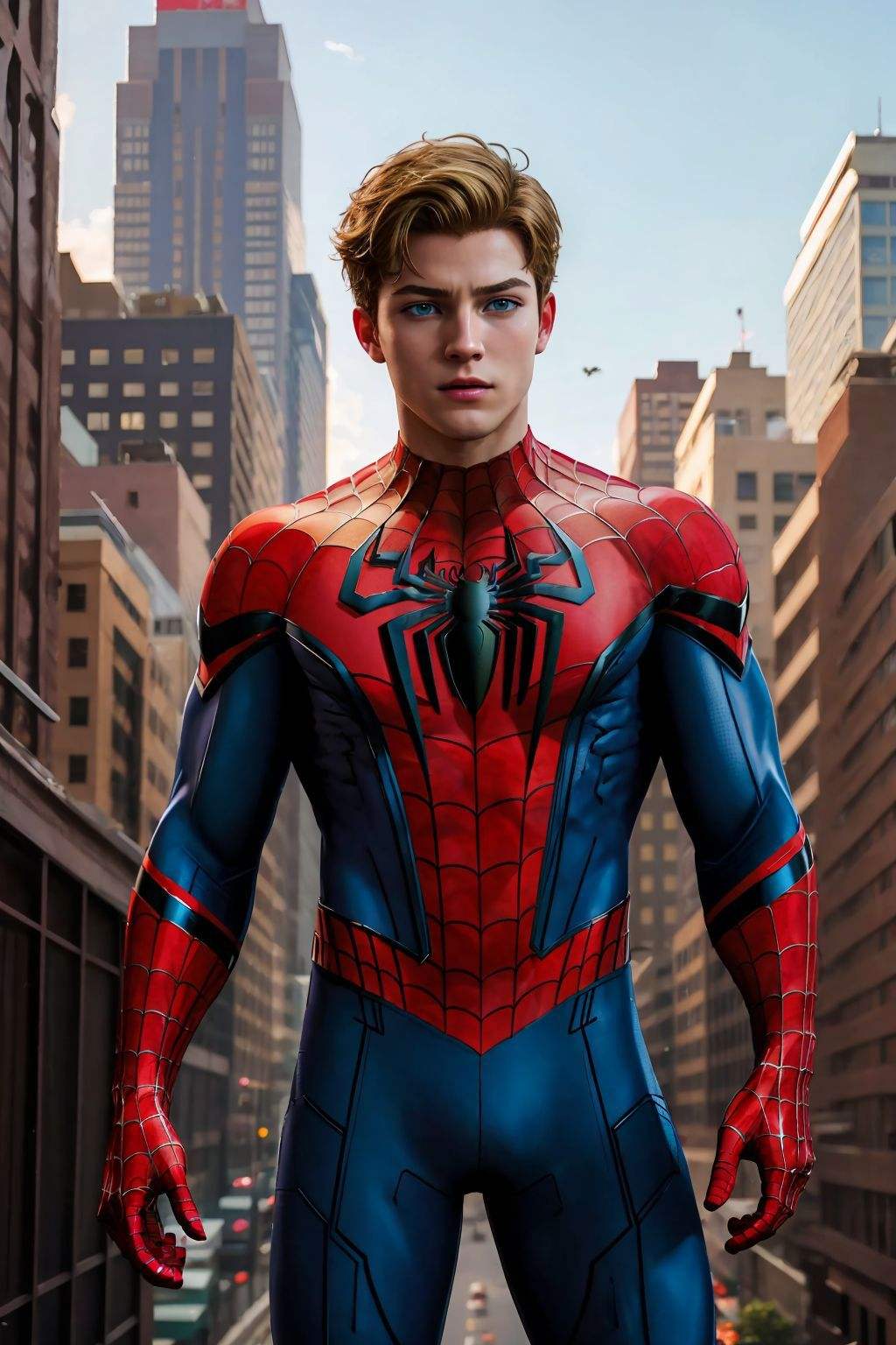 masterpiece, best quality, spider-man costume, nomask, 1boy, blonde hair, blue eyes, standing, new york background <lora:Spider-Man Costume_v1:1>