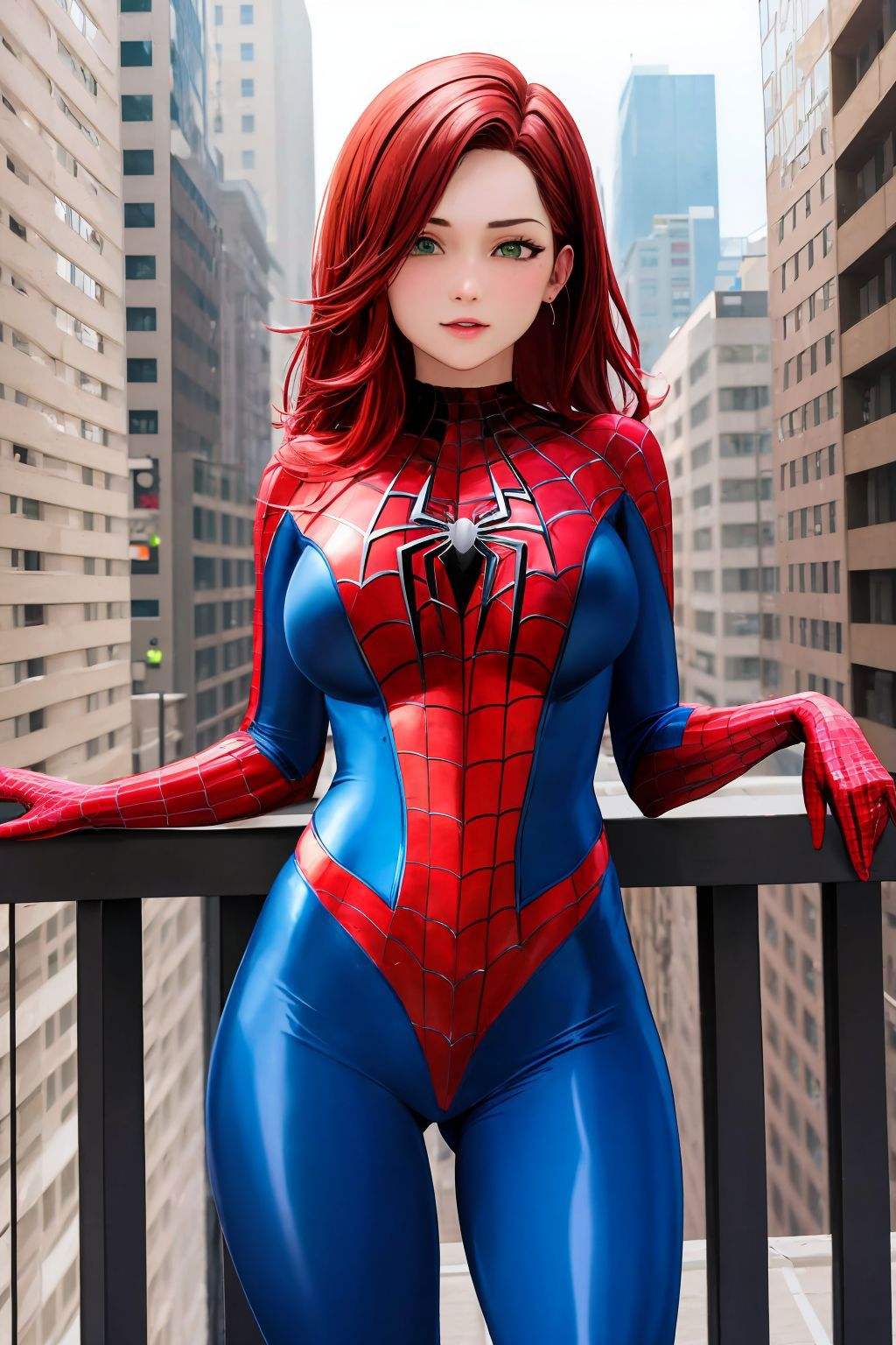 masterpiece, best quality, spider-man costume, nomask, 1girl, red hair, green eyes, standing, new york background <lora:Spider-Man Costume_v1:1>