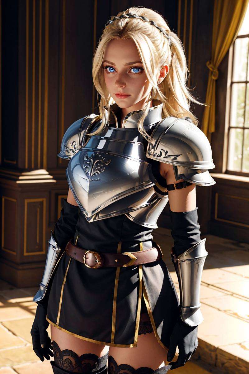 professional photo of charlottems, gloves,  armor,  shoulder armor, pauldrons, breastplate, thighhighs, zettai ryouiki,detailed skin, detailed eyes,photo made with Canon EOS in naturalistic style photography,popular on artstation, popular on deviantart, popular on flicker, <lora:CharlotteMS:0.5:MIDD>