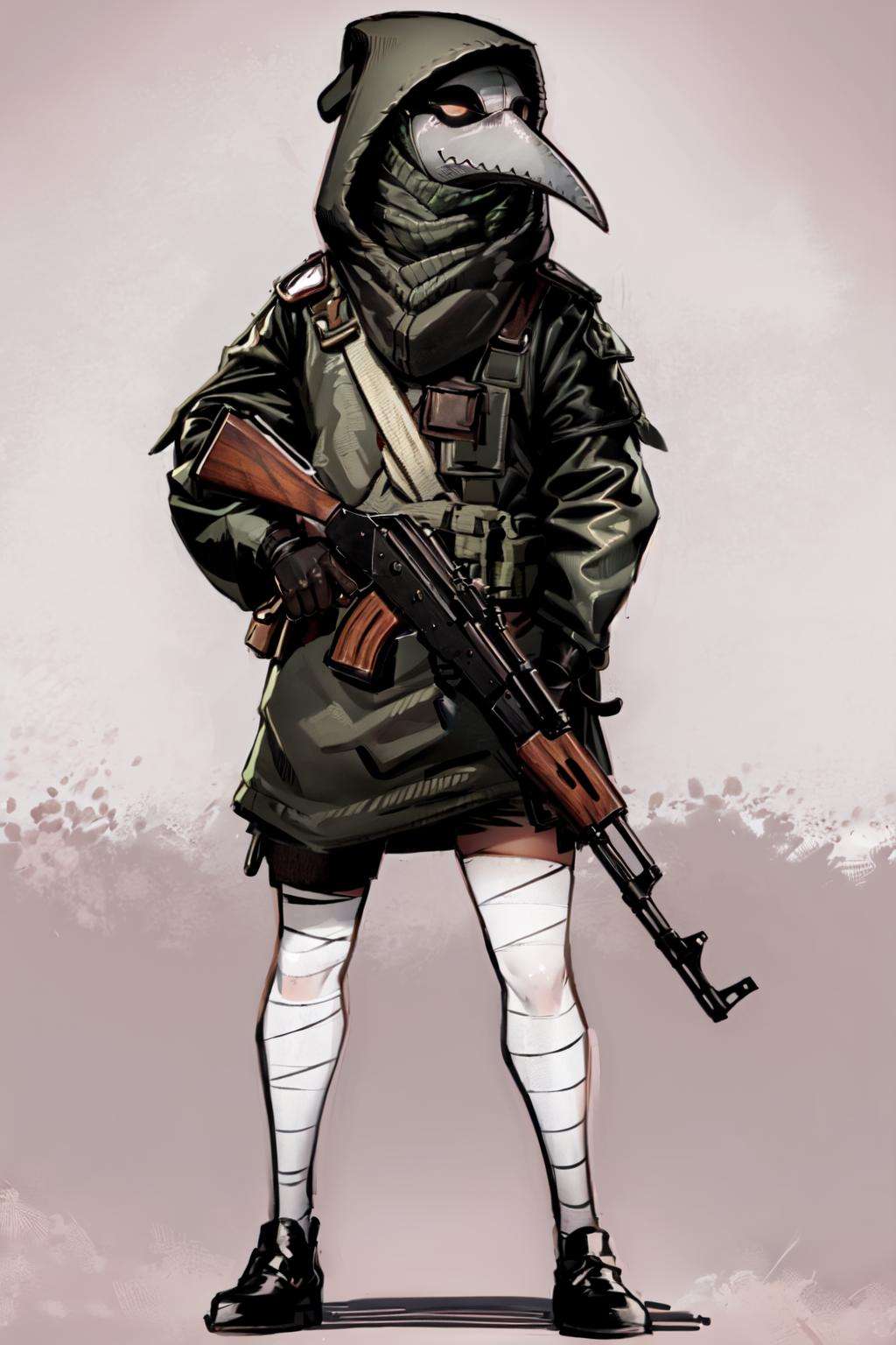 plague doctor, 1girl, solo, hood, mask, gloves, faceless, plague doctor mask, bandage, tabard, petite, holding gun, rifle, akm, ak-47, full body, pose