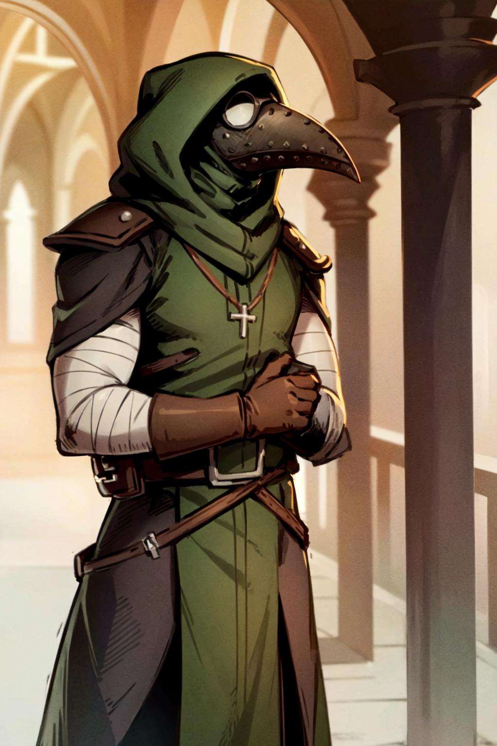 plague doctor, 1boy, solo, hood, mask, gloves, faceless, plague doctor mask, bandage, tabard, medieval, arms at sides, tall, muscular