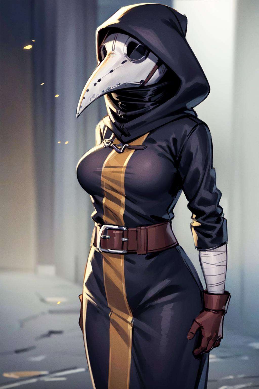plague doctor, 1girl, solo, hood, mask, gloves, faceless, plague doctor mask, bandage, tabard, medieval, breasts, arms at sides,