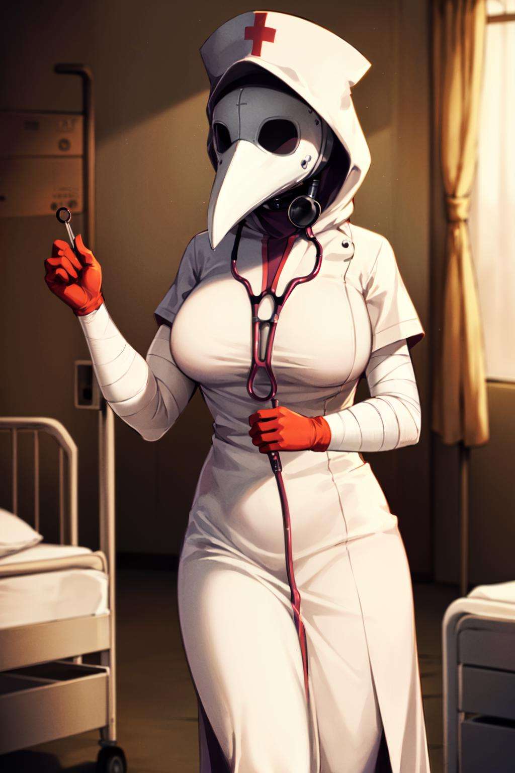 plague doctor, 1girl, solo, hood, mask, gloves, faceless, plague doctor mask, tall, bandage, breasts, ((doctor, stethoscope, first aid kit, infirmary, nurse, nurse cap, hospital bed, hospital, hospital gown))