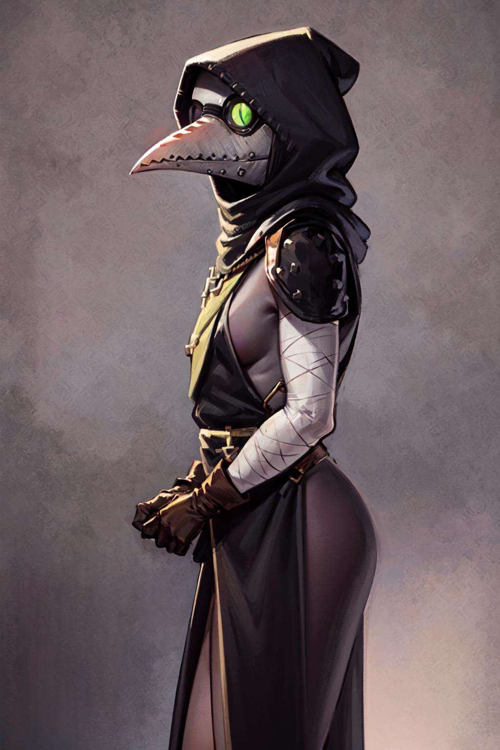 plague doctor, 1girl, solo, hood, mask, gloves, faceless, plague doctor mask, tabard, pelvic curtain, tall, (looking at viewer, solid eyes), bandage, side view