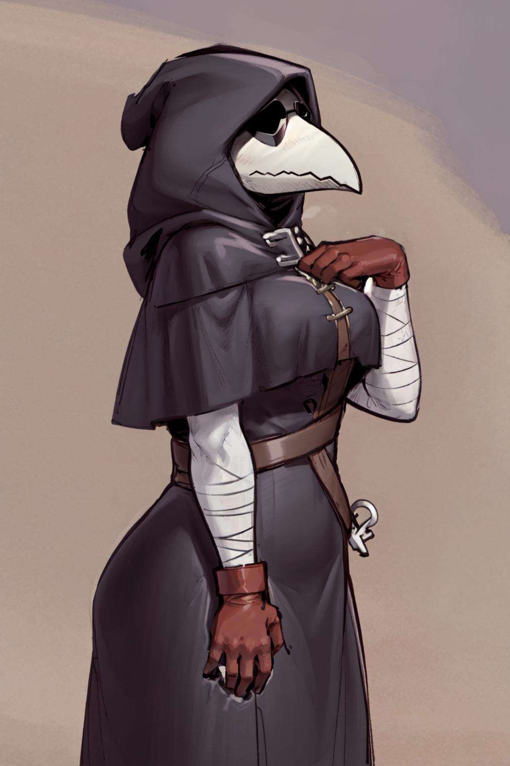 plague doctor, 1girl, solo, hood, mask, gloves, faceless, plague doctor mask, tall, bandage, breasts, looking away, from side