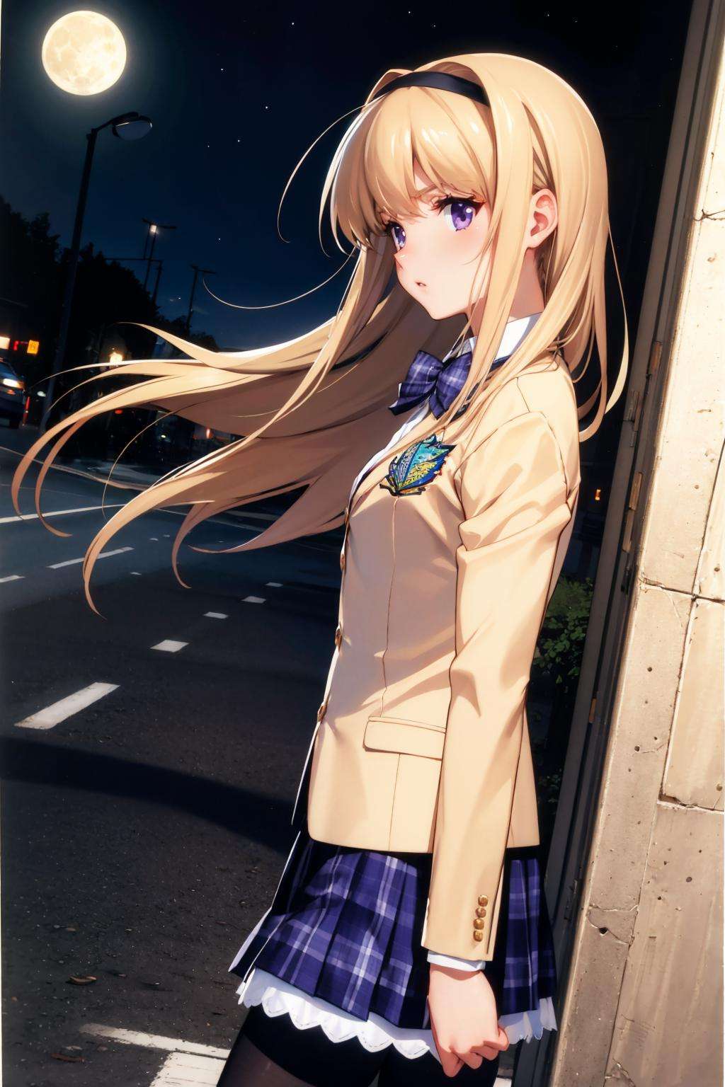 masterpiece, best quality, nishijounanami, hairband, bowtie, yellow blazer, plaid skirt, pantyhose, from side, night, scared, nervous, moon, street, darkness, chiaroscuro lighting <lora:nishijounanami-nvwls-v1-000009:0.9>