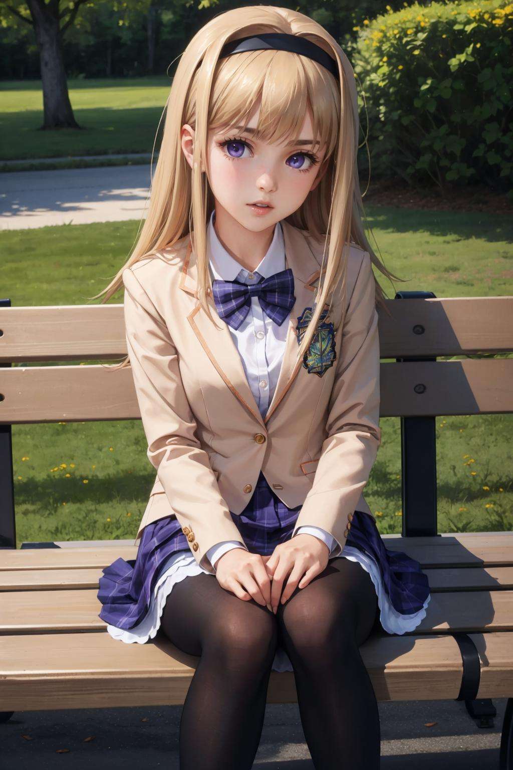 masterpiece, best quality, nishijounanami, hairband, bowtie, yellow blazer, plaid skirt, pantyhose, loafers, sitting, bench, flowers, spring, looking at viewer, surprised <lora:nishijounanami-nvwls-v1-000009:0.9>