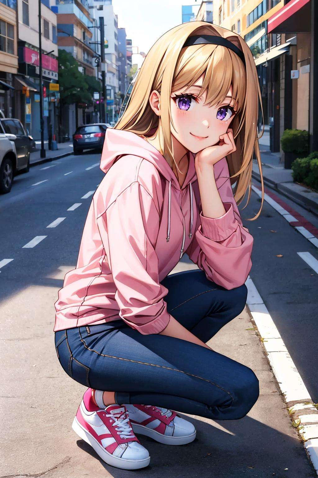 masterpiece, best quality, nishijounanami, hairband, pink hoodie, jeans, sneakers, squatting, looking at viewer, city, sidewalk, smile <lora:nishijounanami-nvwls-v1-000009:0.9>