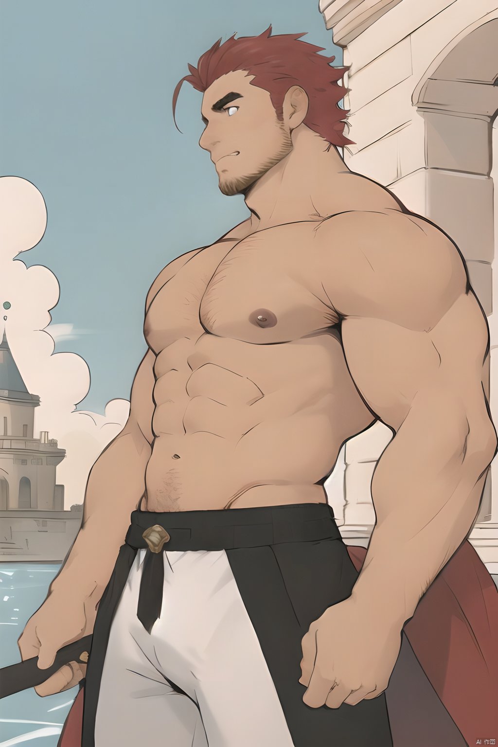  1boy,horns,topless,stubble,facial hair,mature male ,muscular,red hair,heterochromatic eyes, floating palaces, fine, beautiful eyes, Beautiful and delicate hair, delicate face, Complex court suits, complex clothing, detailed clothing decoration ,male focus, undercut,short hair,