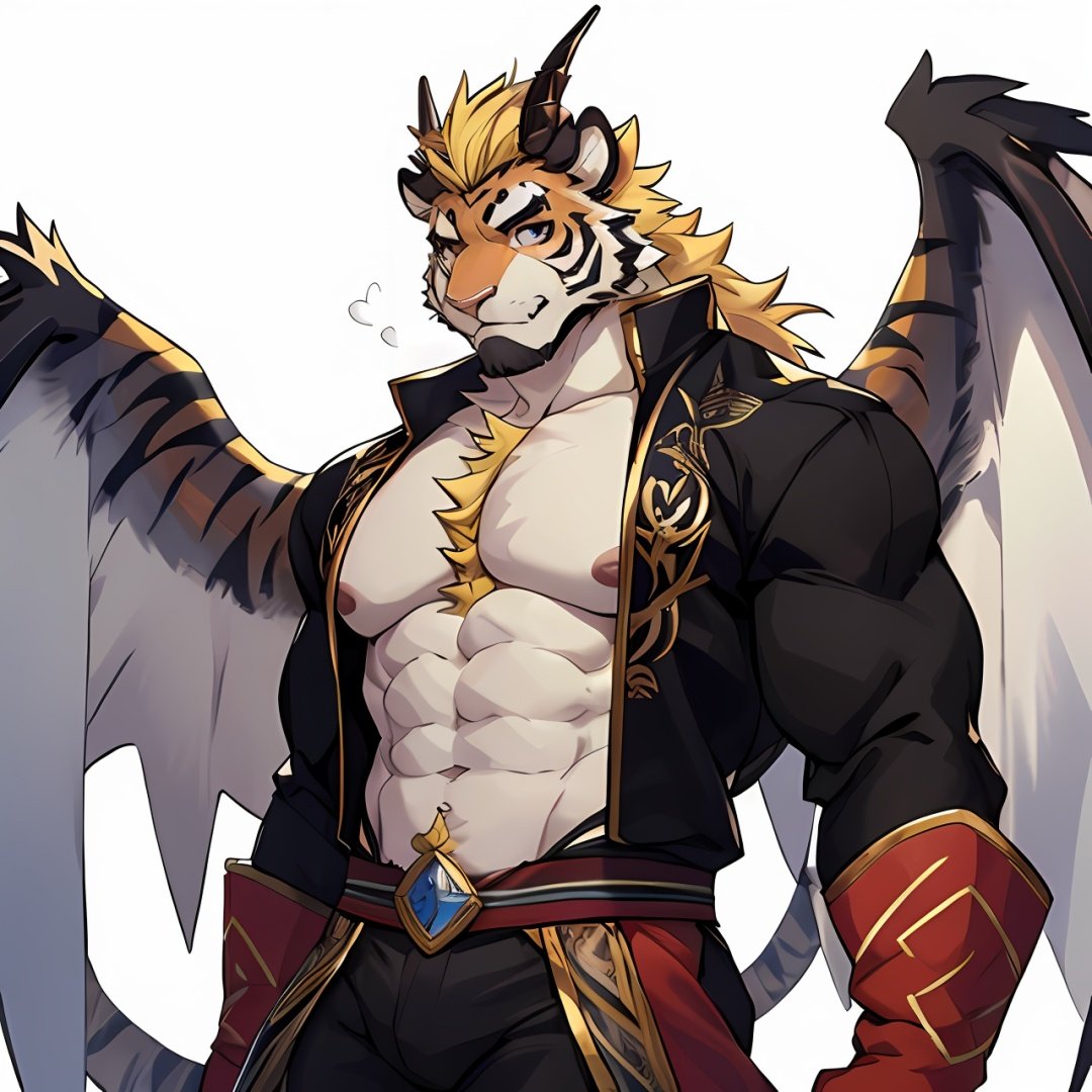 1boy,tiger boy,male focus,topless,stubble,horns ,facial hair,mature male ,muscular,blond hair, Ice wings, floating palaces, fine, beautiful eyes, Beautiful and delicate hair, delicate face, Complex court suits, complex clothing, detailed clothing decoration ,upper body, undercut,good hands,aged up, 