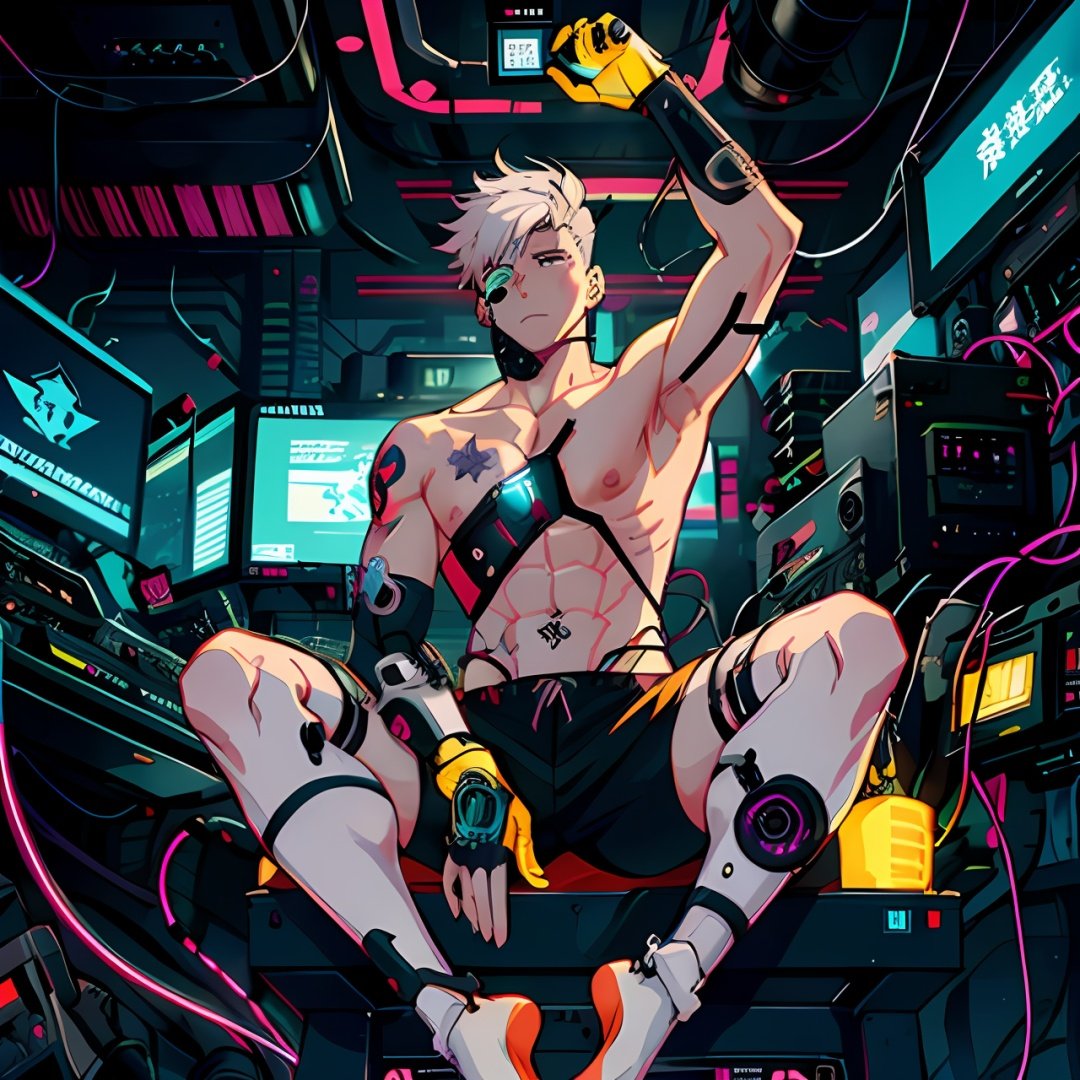 1boy, topless,muscular, Cyberpunk, cyberprosthesis, white circuit,white hair, purple eyes,neon tattoo,circuits, electronic components,feet out of frame, undercut,good hands,aged up, 