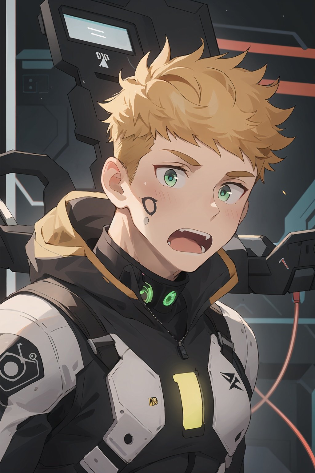 1boy, topless,muscular, Cyberpunk, cyberprosthesis, white circuit,blond hair, green eyes,neon tattoo,circuits, electronic components,upper body, undercut,aged up, closed mouth,