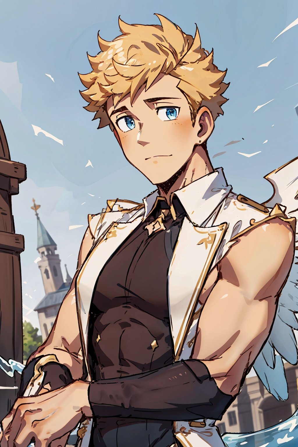 1boy,male focus, muscular,blond hair, Ice wings, floating palaces, fine beautiful eyes, Beautiful and delicate hair, delicate face, Complex court suits, complex clothing, detailed clothing decoration ,upper body, undercut,,aged up,