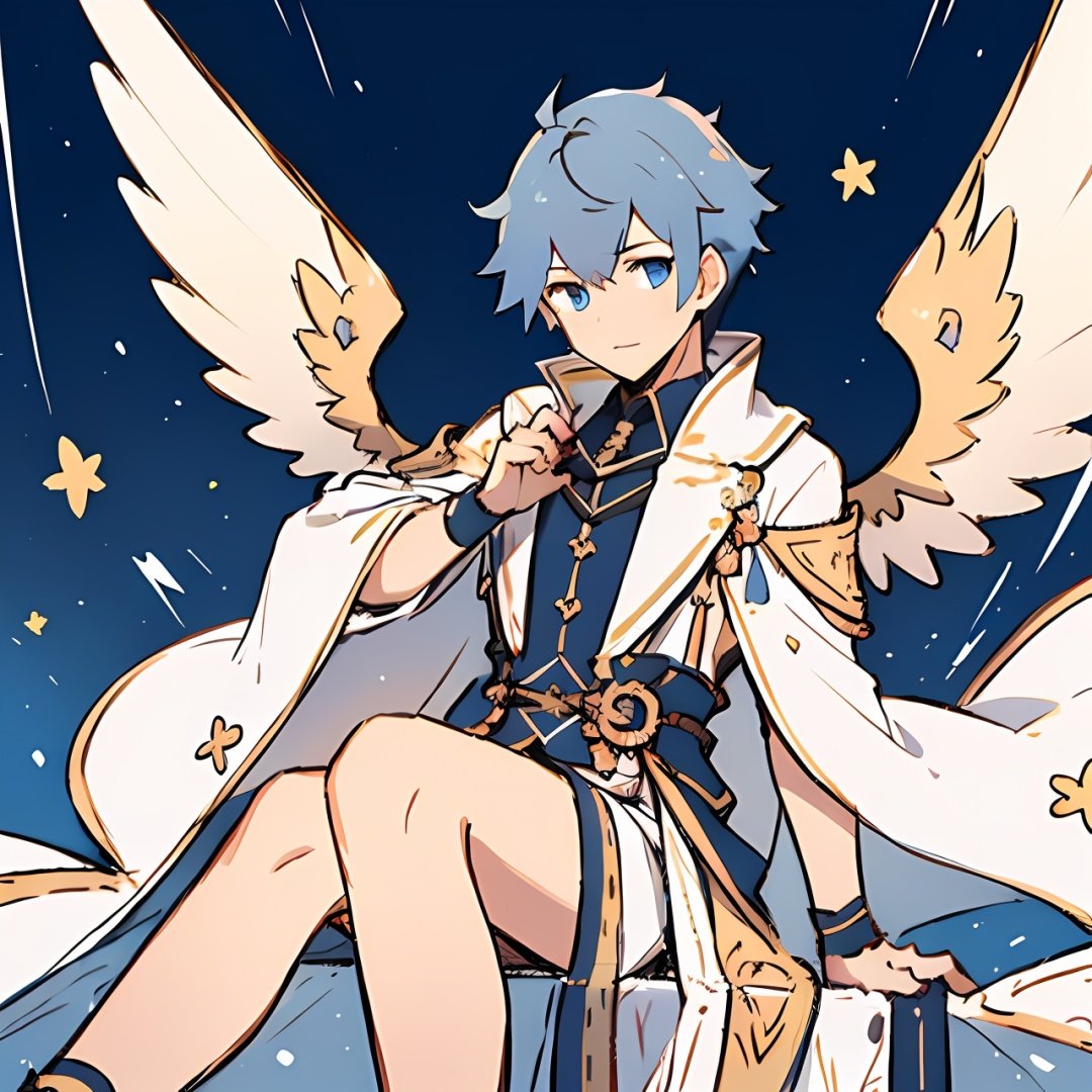 1boy, muscular,blond hair, Ice wings, floating palaces, blue hair, fine, beautiful eyes, Beautiful and delicate hair, delicate face, Complex court suits, complex clothing, detailed clothing decoration ,feet out of frame, undercut,good hands,aged up, 