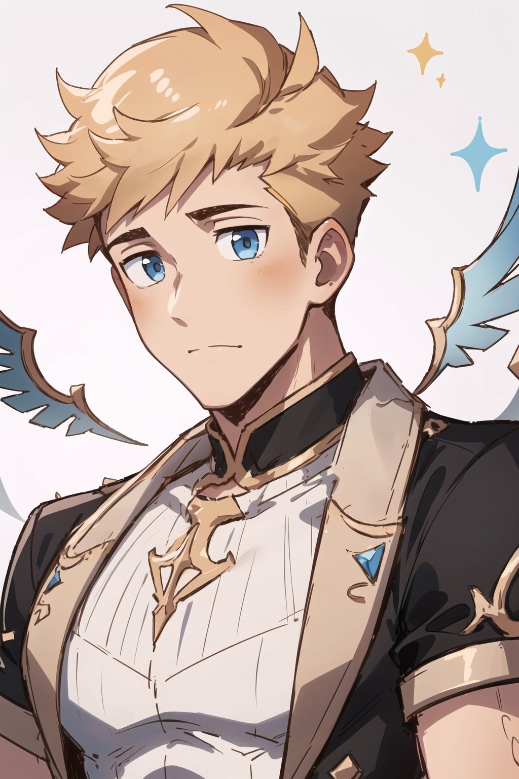 1boy,male focus, muscular,blond hair, Ice wings, floating palaces, fine beautiful eyes, Beautiful and delicate hair, delicate face, Complex court suits, complex clothing, detailed clothing decoration ,upper body, undercut,,aged up,