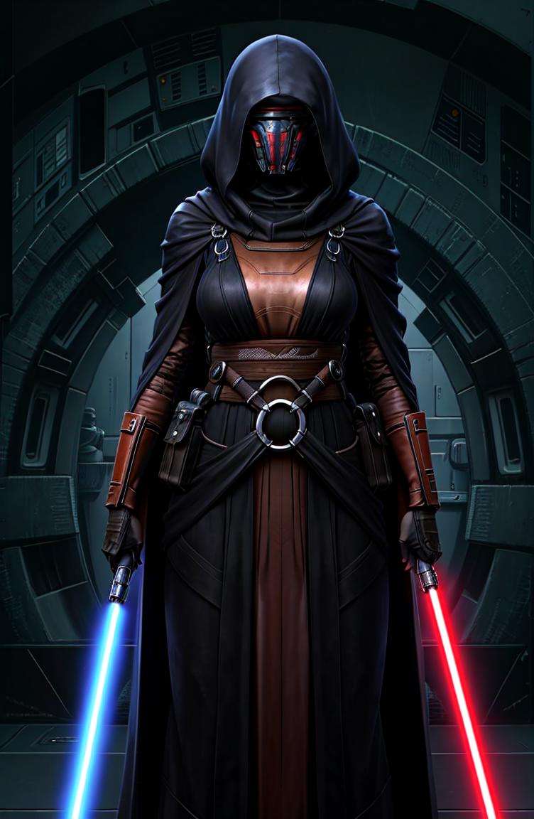 1girl, cowboy shot, Revan Raiment, black robes, star wars,  <lora:Clothes - Revan:0.60> standing, mask,detailed background, lightsaber,  <lora:Concept - UnlimitedBladeWorksv2:0.80>