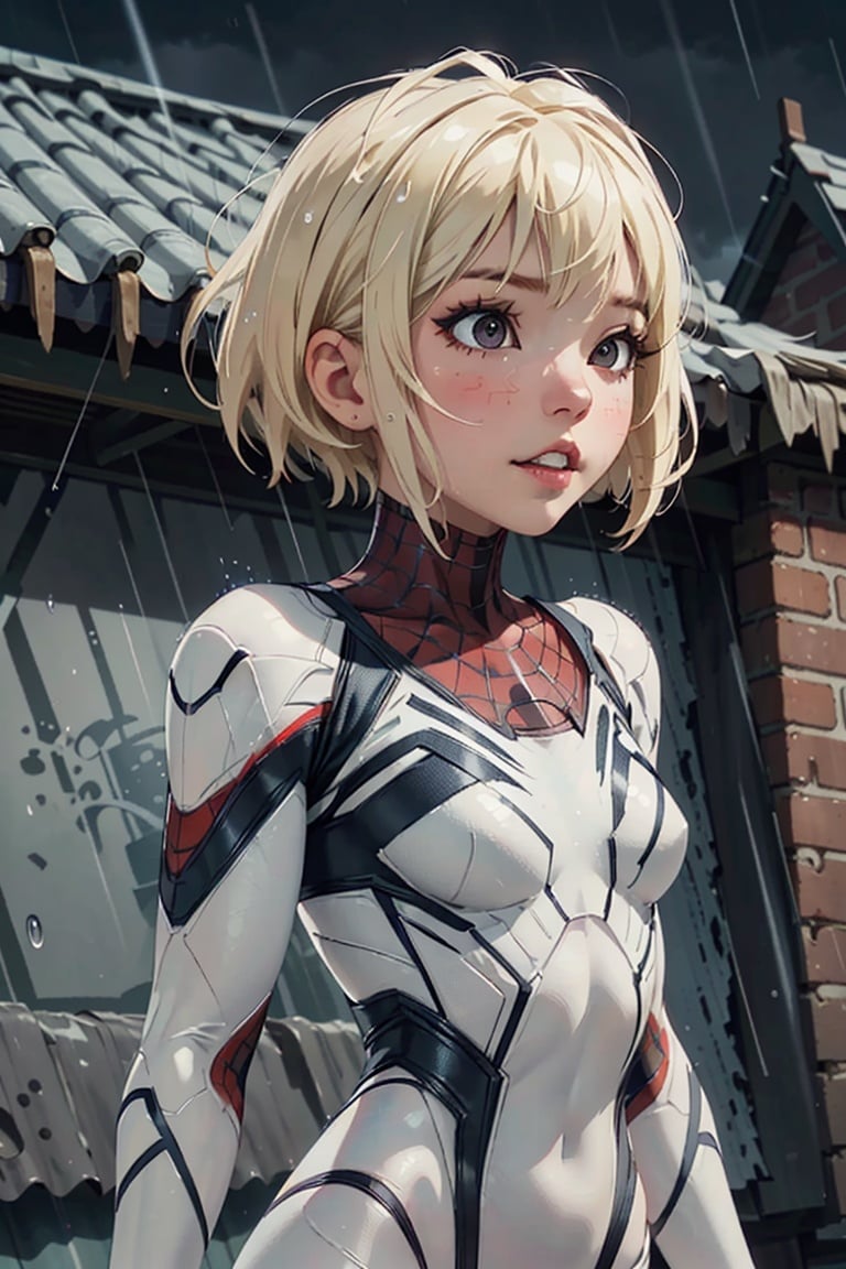 18 yo girl,  white spider man suit,  short blunt hair,  blonde,  beautiful face,  rain,  roof,  masterpiece,  intricate detail,  perfect anatomy, Endsinger, <lora:EMS-23627-EMS:0.440000>, , <lora:EMS-11382-EMS:0.800000>