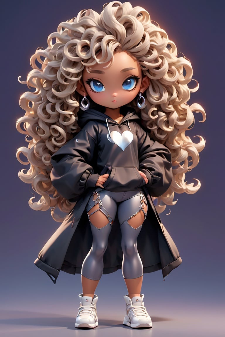 concept art pixar,3d style,toon,masterpiece,best quality,good shine,OC rendering,best quality,4K,super detail,1girl,((full body)),looking at viewer,standing,shiny_skin,fair_skin,warrior stance, yoga leggings and hoodie, Queen, Tall, Slim, Heart-Shaped Face, Dark Skin, Silver Hair, Blue Eyes, Long Nose, Pouty Lips, Prominent Chin, Long Hair, Curly Hair, Curly Afro, natural breasts, Dangle earrings, cream gloss lipstick,light coffee hair,gyaru,absolute_territory,tight,spandex,shoes,kneehighs,glamor,dormitory,light grey background,clean background,straight_hair,hime cut, . digital artwork, illustrative, painterly, matte painting, highly detailed