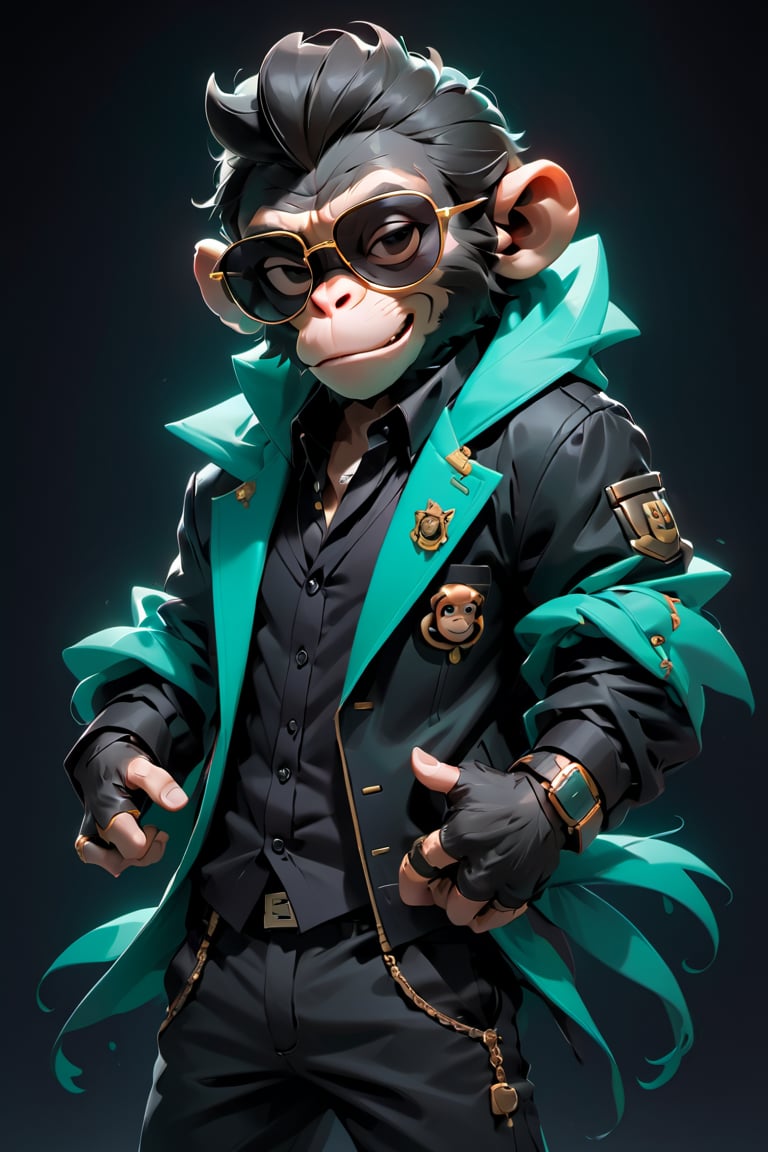 action packed, The image features a (monkey wearing a tosca jacket, a black shirt, and a pair of sunglasses. The monkey is also wearing headphones, giving it a stylish and modern appearance. The monkey is standing in a dark room, possibly a nightclub, and appears to be enjoying the music and the atmosphere. The scene is a creative and unique representation of a monkey dressed up in human-like attire, blending elements of both the animal and human worlds,