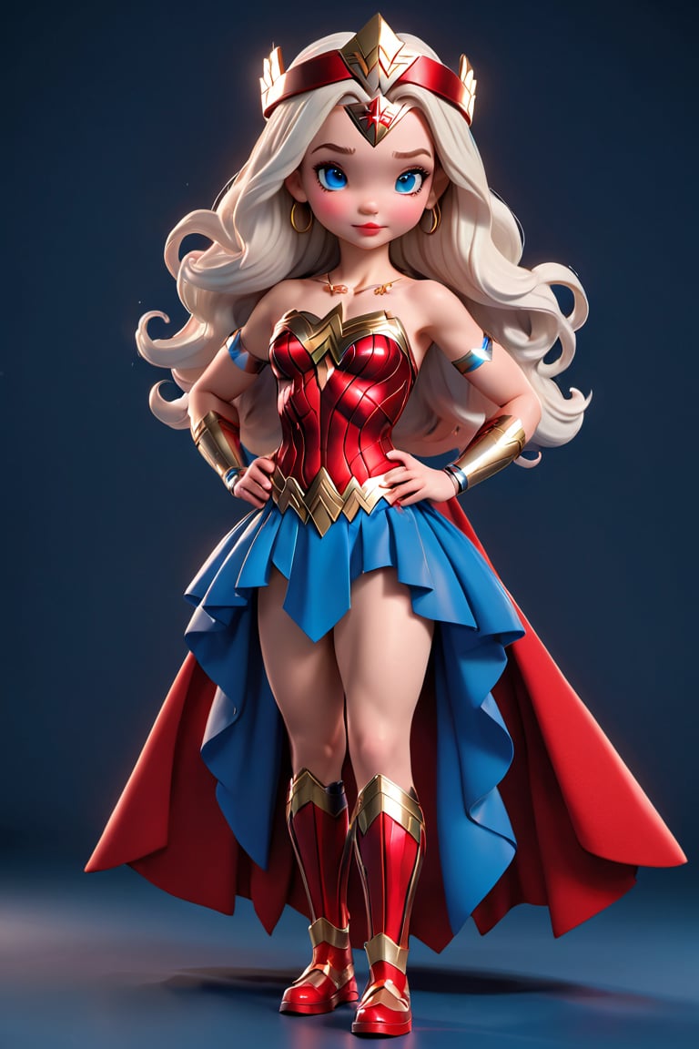 
3dcharacter, Dove Cameron as wonder woman, (red and blue costume, full body:1.2), (tiara:1.2),