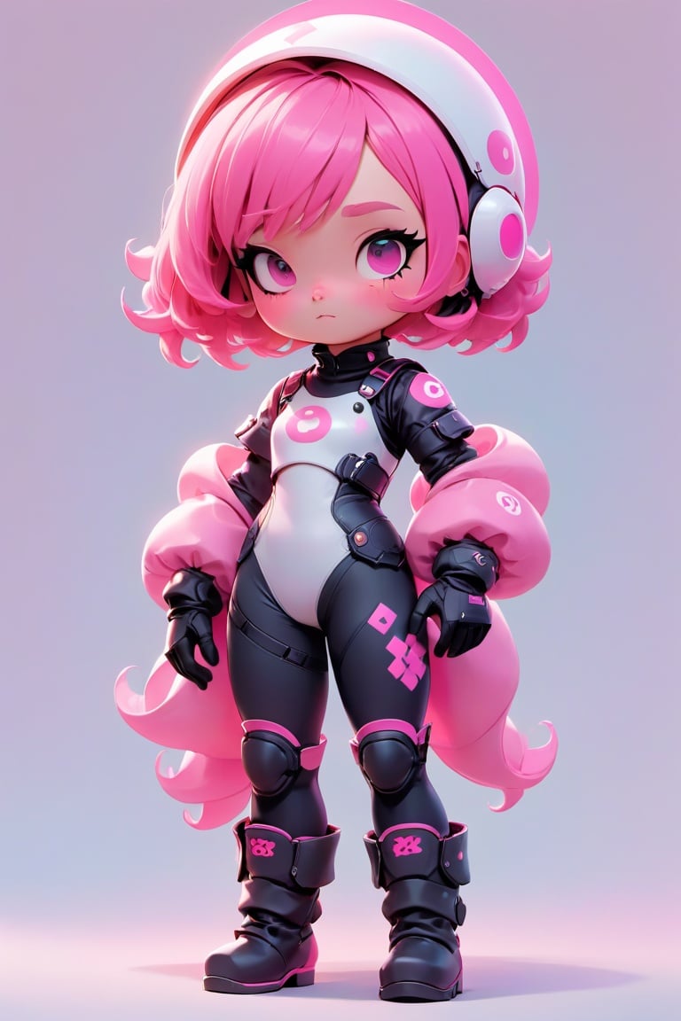 concept art Pixar,1girl,solo,gloves,pink gloves,pink hair,gradient background,gradient,helmet,closed mouth,simple background,black eyes,full body,flat chest,standing,boots,covered navel,blush,looking down,leotard,elbow gloves,white background,Transparent helmet, . digital artwork, illustrative, painterly, matte painting, highly detailed
