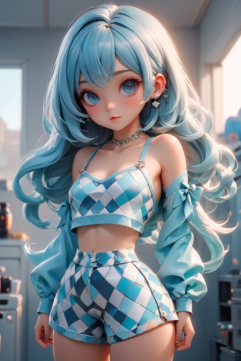 cinematic film still pixar,3d style,toon,masterpiece,best quality,good shine,OC rendering,best quality,4K,super detail,1girl,((full body)),looking at viewer,standing,shiny_skin,fair_skin,Geometric print bralette and culottes set,light water blue hair,gyaru,absolute_territory,tight,spandex,glamor,dormitory,light grey background,clean background,straight_hair,hime cut, . shallow depth of field, vignette, highly detailed, high budget, bokeh, cinemascope, moody, epic, gorgeous, film grain, grainy