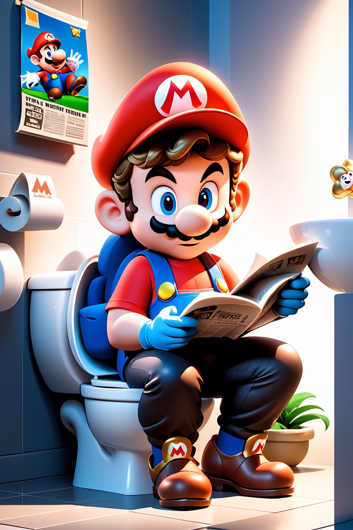 concept art pixar,3d style,toon,masterpiece,best quality,Super Mario style  3D cinematic film.(caricature:0.2). 4k, highly detailed,Man Sitting on Toilet and Reading Newspaper . Vibrant, cute, cartoony, fantasy, playful, reminiscent of Super Mario series
