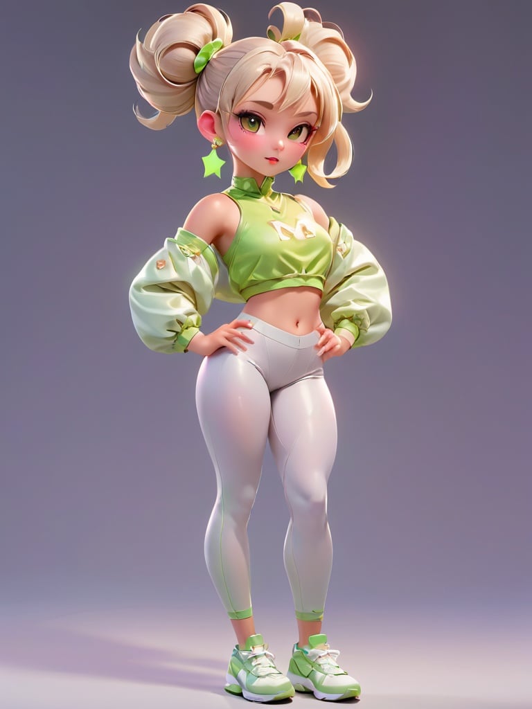 concept art pixar,3d style,masterpiece,best quality,good shine,OC rendering,best quality,4K,super detail,1girl,((full body)),looking at viewer,standing,shiny_skin,fair_skin,legs crossed, high-waisted leggings and crop top, Duchess, Tall, Athletic, Triangular Face, Fair Skin, White Hair, Hazel Eyes with Green Flecks, Short Nose, Pouty Lips, Receding Chin, Shoulder-Length Hair, Fine Hair, Ballerina Bun, augmented breasts, Stud earrings, berry metallic lipstick,light flesh hair,gyaru,absolute_territory,tight,spandex,shoes,kneehighs,glamor,dormitory,light grey background,clean background,straight_hair,hime cut, . digital artwork, illustrative, painterly, matte painting, highly detailed